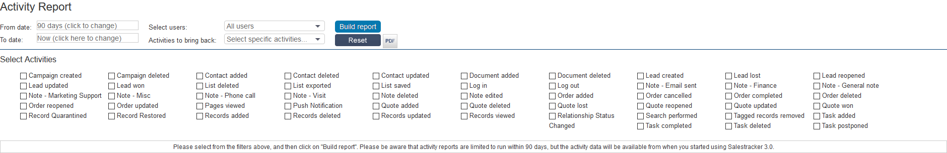 Salestracker - Activity Report Activities Filter