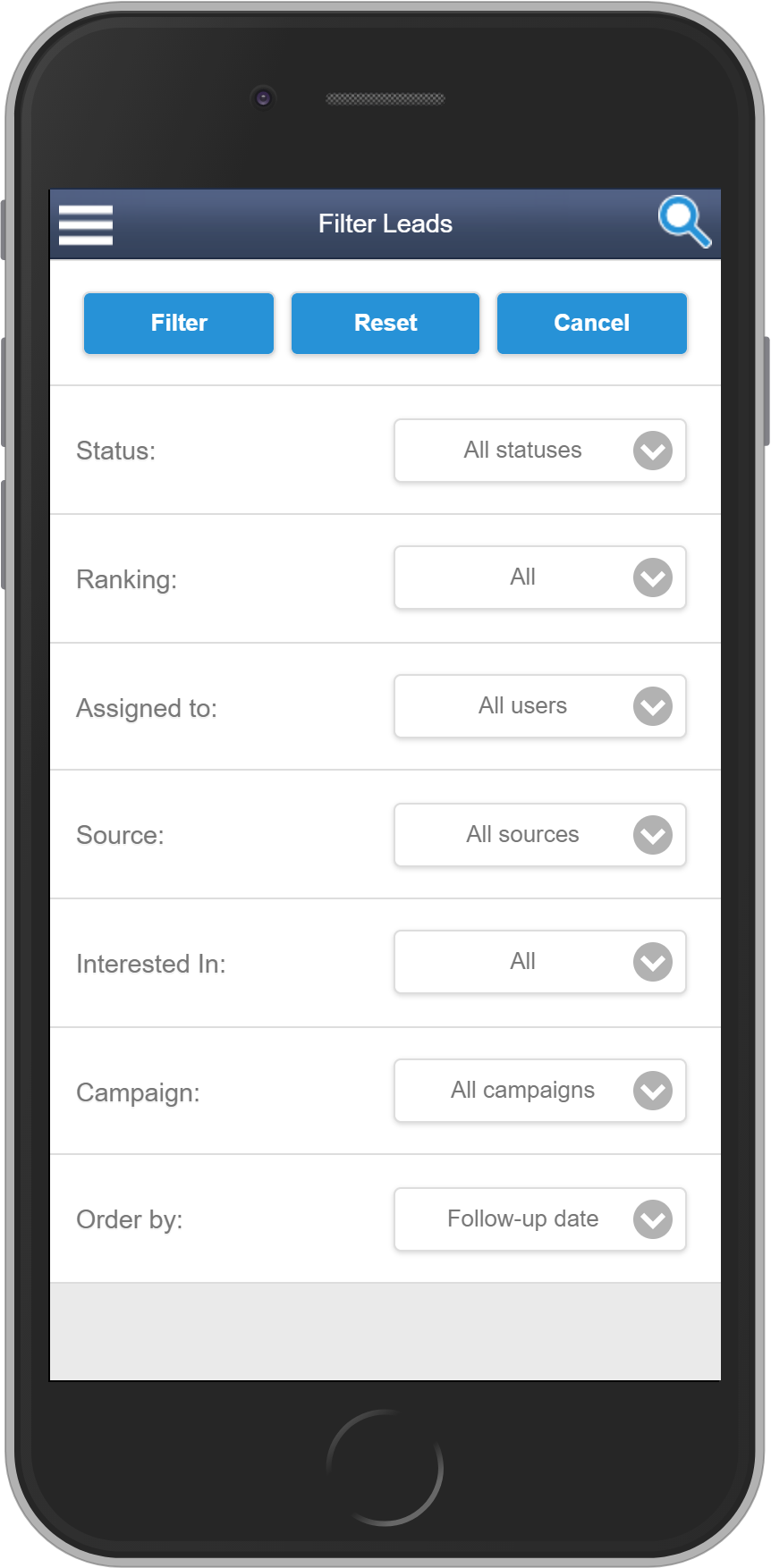 Salestracker Mobile Leads Filtering