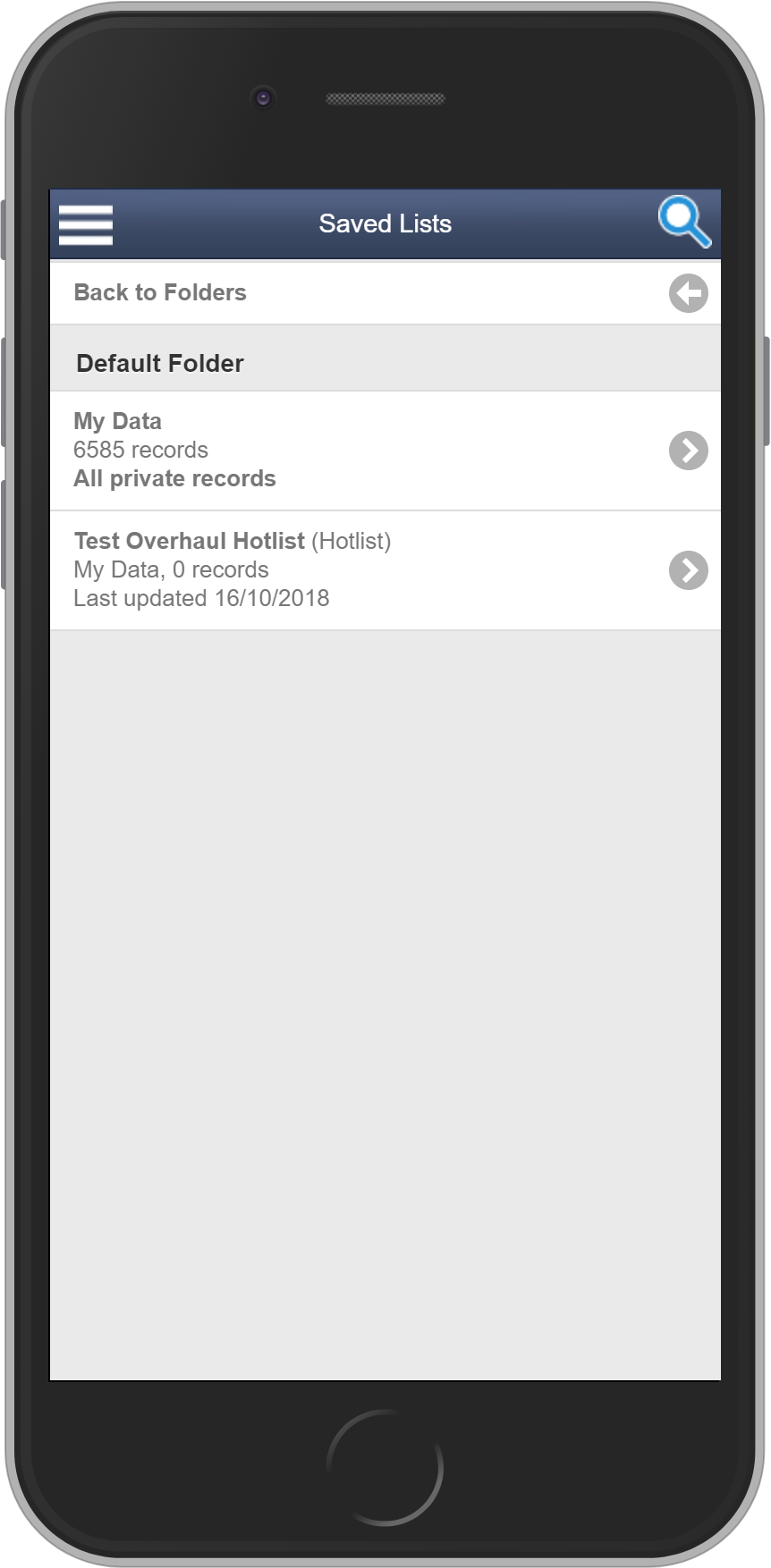 Salestracker Mobile Saved Lists Folder View