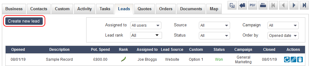 Salestracker - View Record Create Leads Button